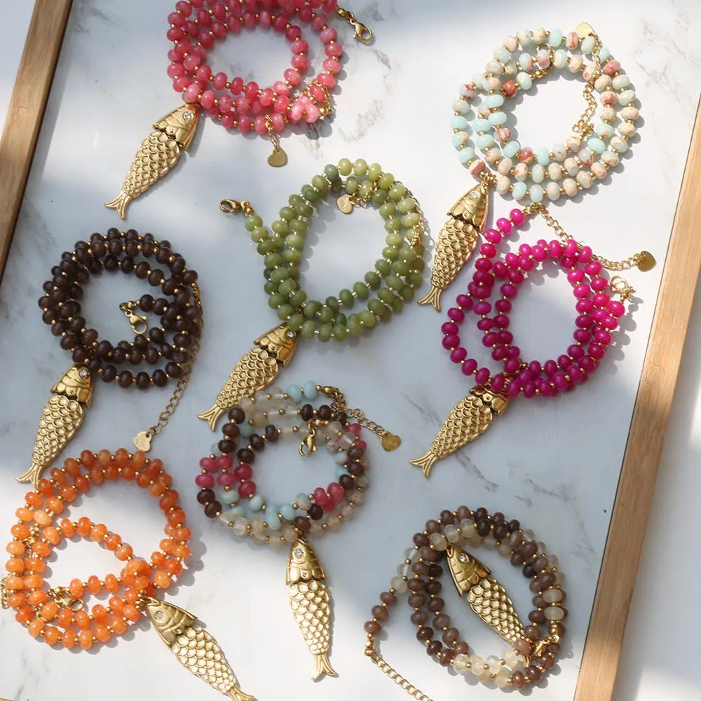 Bohemian Style Spring/Summer Colorful Natural Stone Necklace with Stainless Steel Fish Pendant