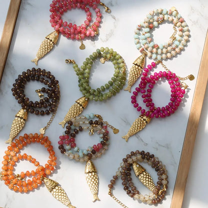 Bohemian Style Spring/Summer Colorful Natural Stone Necklace with Stainless Steel Fish Pendant