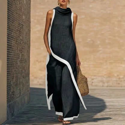 2026 European American Linen Cotton 2 Piece Set Solid Sleeveless Shirt High Waist Long Pants Elegant Casual Outfit