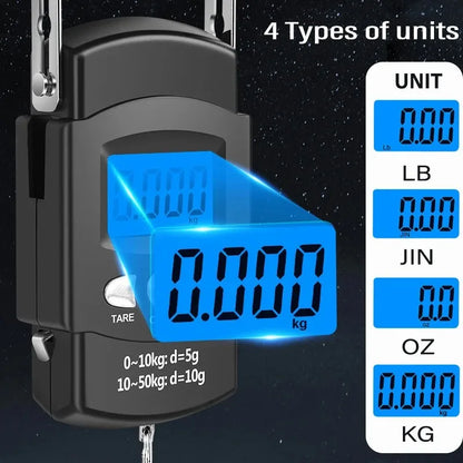 Portable Electronic Scale 50kg 10g LCD Handheld with 100cm Tape Measure for Travel Fishing Baggage Suitcase