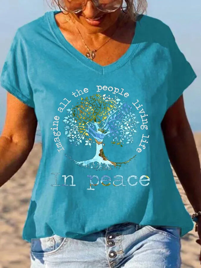 Women's Short Sleeve T-Shirts Casual V Neck T Shirt Summer Hippie Styel Tops Summer Beach Print Tees