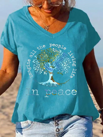Women's Short Sleeve T-Shirts Casual V Neck T Shirt Summer Hippie Styel Tops Summer Beach Print Tees