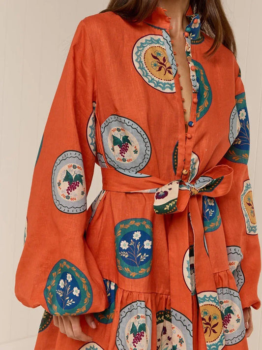 Lantern Long Sleeve Boho Dress Vintage Pattern Print Lace-up Shirt Dress