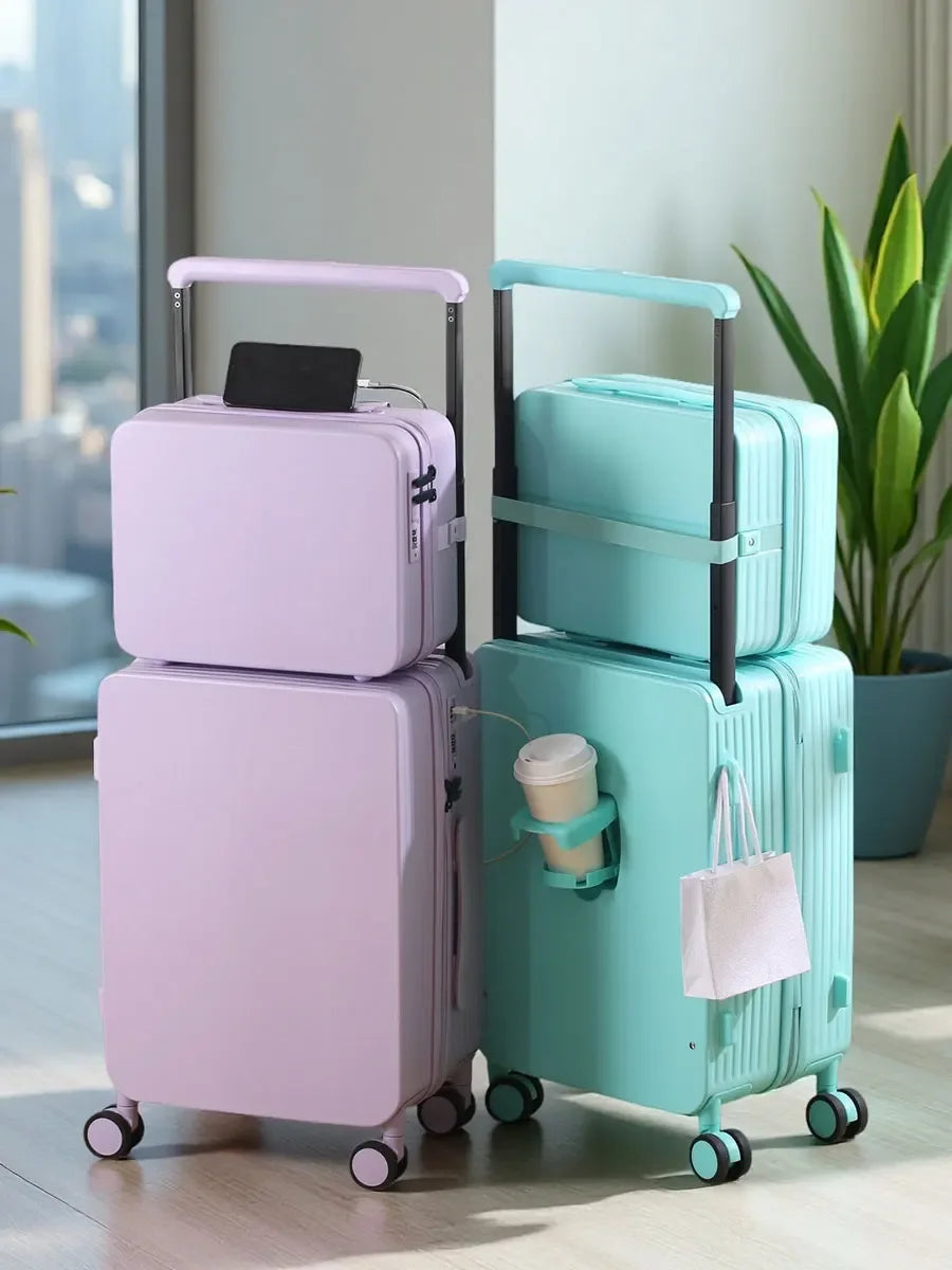 Luggage Set with USB & Cup Holder TSA Lock 360° Wheels Side-standing Foot Hook PC+ABS Suitcase Foldable Travel Case