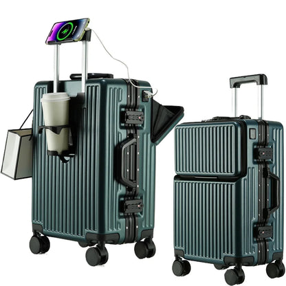 Aluminium Frame Suitcase Front Opening Cabin Luggage with USB Cup Holder