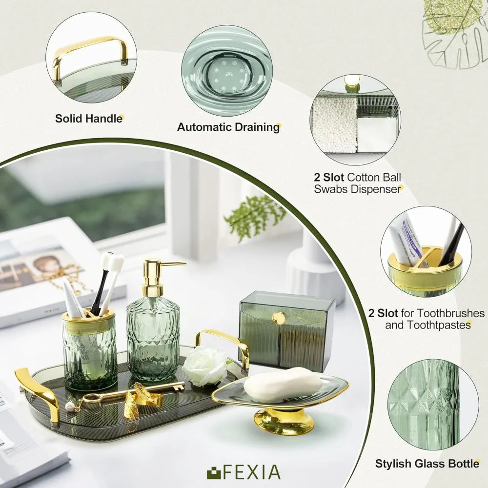 green bathroom accessories set 5 pcs green bathroom decor with decorative vanity tray for boho bathroom decorations soap dispen