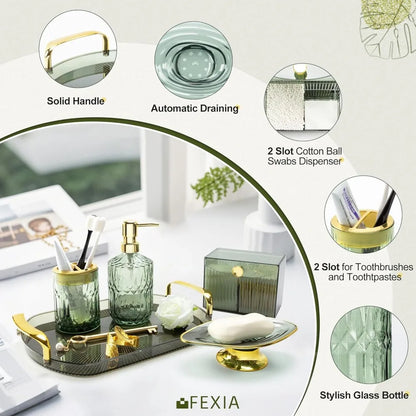 green bathroom accessories set 5 pcs green bathroom decor with decorative vanity tray for boho bathroom decorations soap dispen