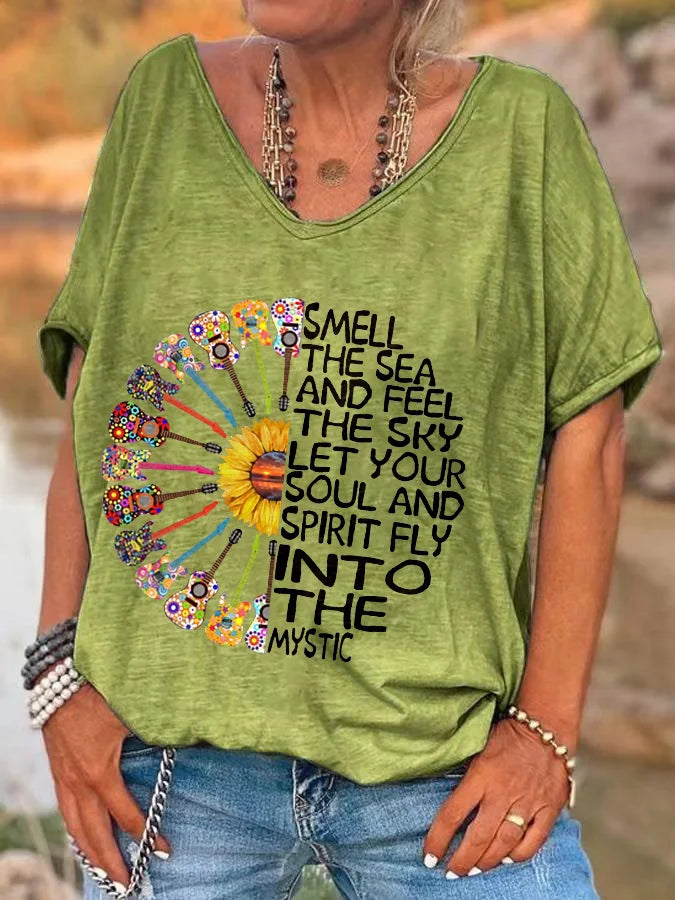 Hippie Classic T-Shirts Women's V Neck T Shirt Short Sleeve Tops Casual Loose Print Tees