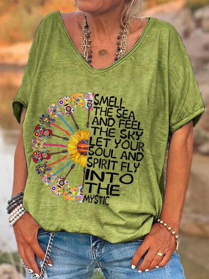 Hippie Classic T-Shirts Women's V Neck T Shirt Short Sleeve Tops Casual Loose Print Tees