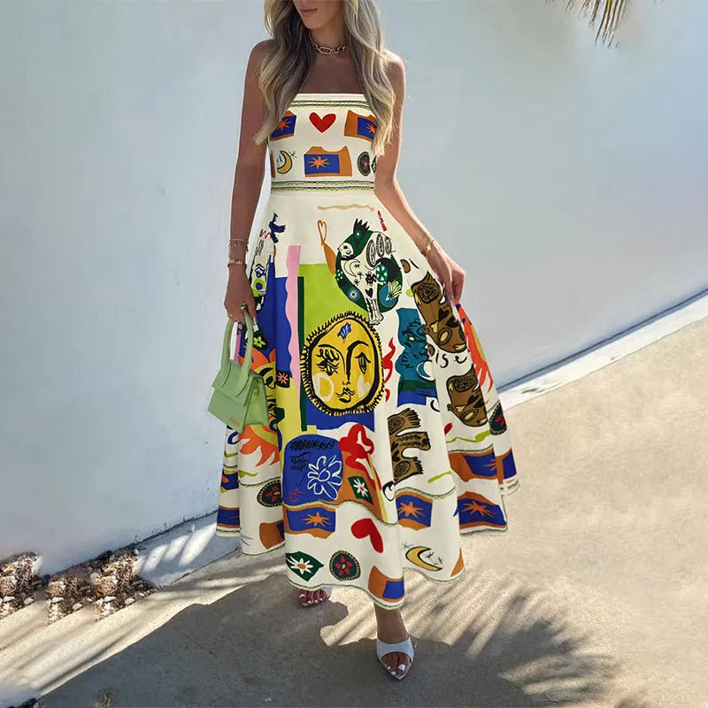 Colorful Abstract Print Strapless Midi Dress Women Summer Sun Face Graffiti Boho Beach A-Line Sundress Holiday Party Vestidos