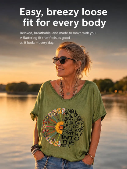 Hippie Classic T-Shirts Women's V Neck T Shirt Short Sleeve Tops Casual Loose Print Tees
