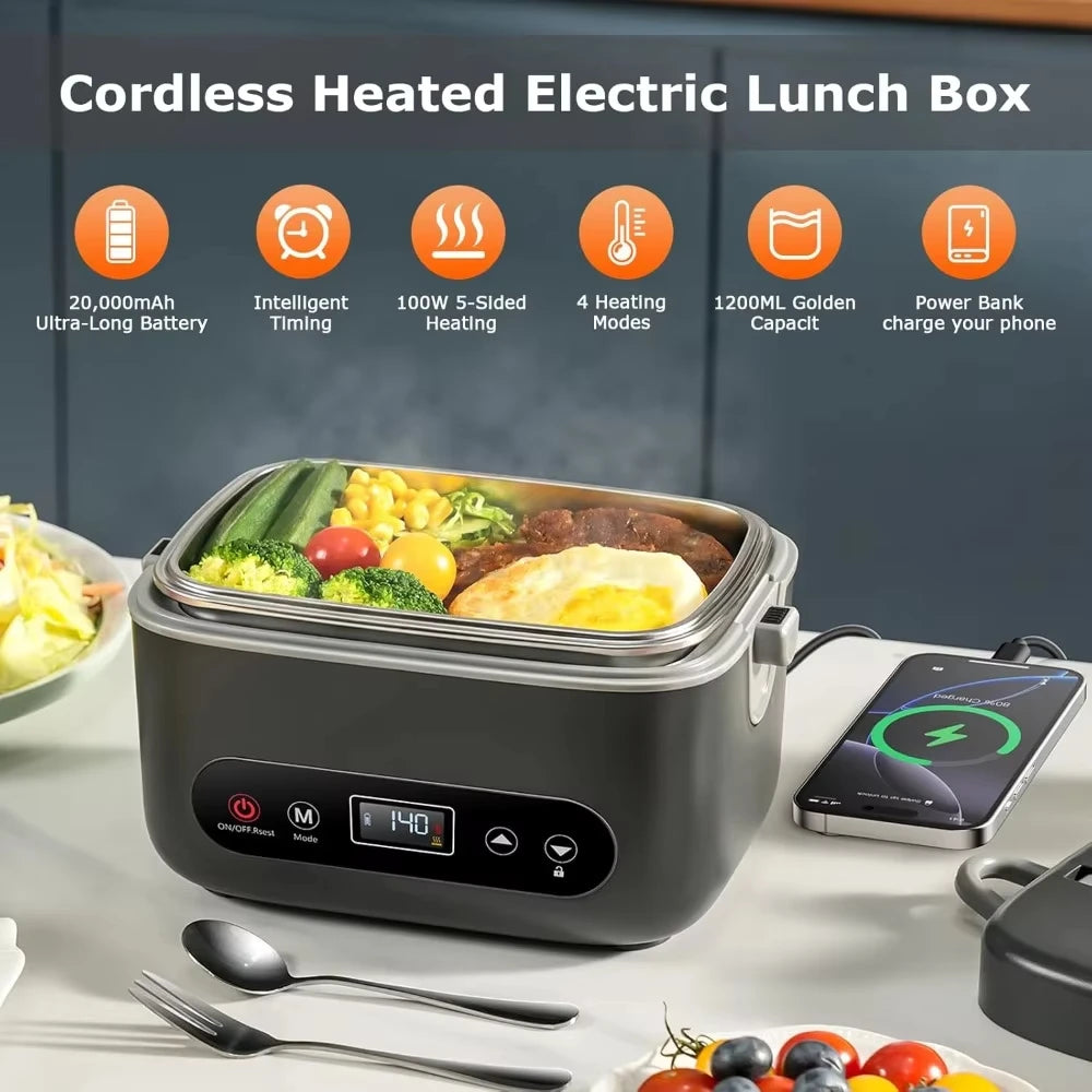 100W Wireless Electric Lunch Box 12000mAh Rechargeable Portable Food Heater Smart Bento Box with Timer for Office Adults Gift