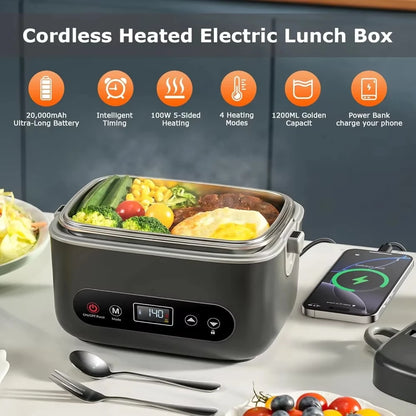 100W Wireless Electric Lunch Box 12000mAh Rechargeable Portable Food Heater Smart Bento Box with Timer for Office Adults Gift