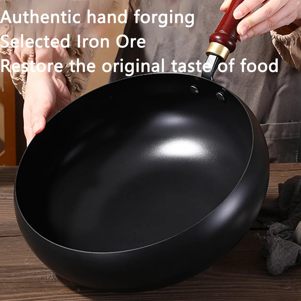 24cm/28cm Non-stick Wok Hand-made Iron Pot with Wooden Lid Multi-function Cooking Pan for Induction Electric Gas All Stoves