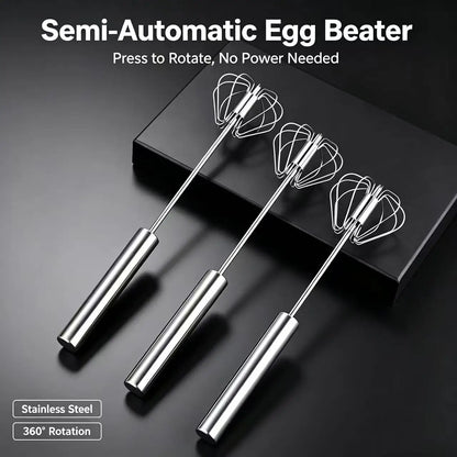Stainless Steel Semi-Automatic Egg Beater, Hand Press Rotary Whisk, Manual Cream Mixer for Baking Kitchen Tool