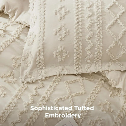 Bedsure Tufted Boho Comforter Set Queen Size - Beige Boho Bed Set, GentleSoft™ 3 Pieces Farmhouse Shabby Chic Embroidery