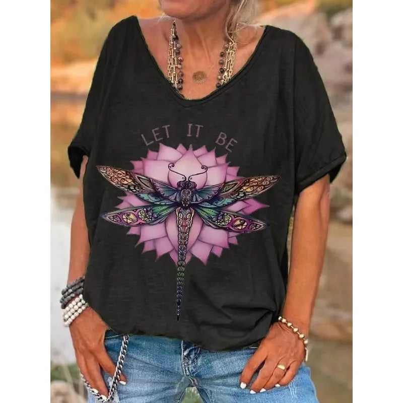 ilstile  Hippie Let It Be Dragonfly Print T-Shirts Women's V Neck T Shirt Short Sleeve Tops Casual Tees Fashion Female clothing