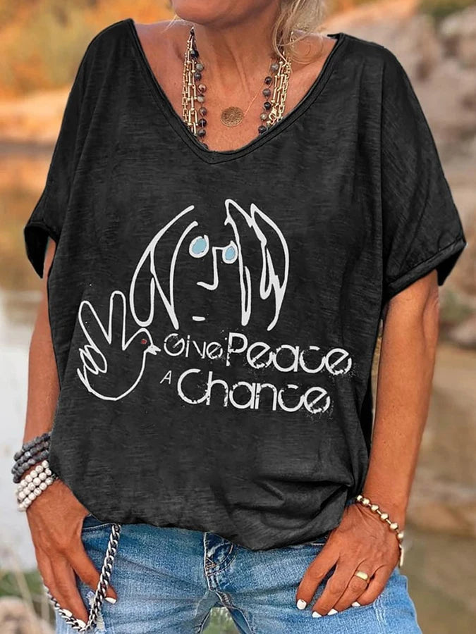 ilstile Hippie Women's V Neck Print T-Shirt Summer Short Sleeve Tops Female clothing Casual Loose Tees