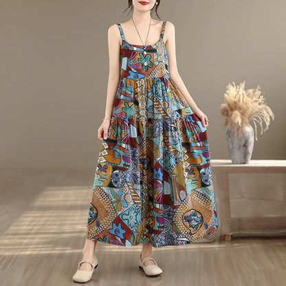 plus Size Cotton Linen A-Line Dress Women's Summer Long Skirt Printed Strapless Quality Good Loose Waist Style No Sleeve
