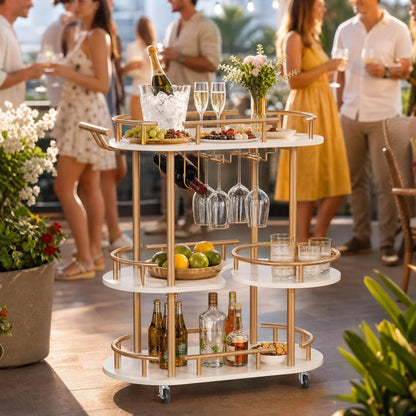 3 Tier Rolling Bar Cart With Wine Rack & Glass Holder, Metal Kitchen Coffee Cart On Wheels, Mobile Serving Cart For Dining Room