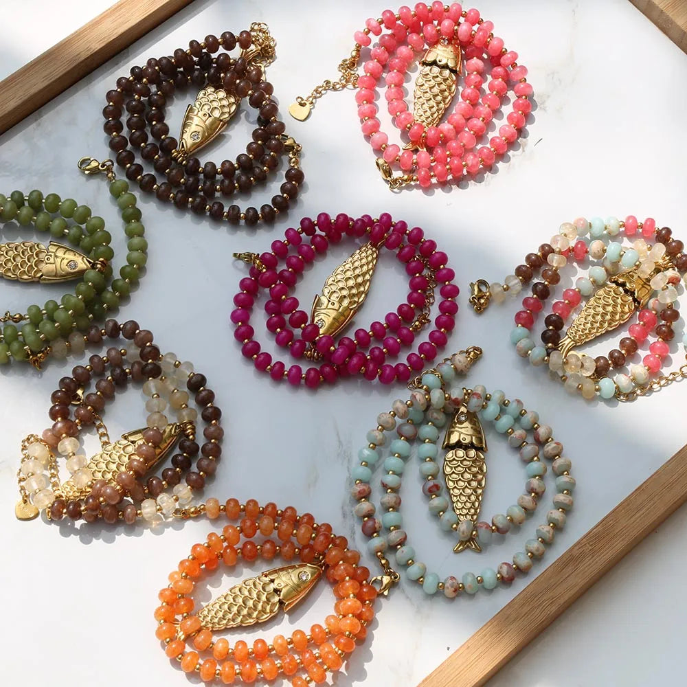 Bohemian Style Spring/Summer Colorful Natural Stone Necklace with Stainless Steel Fish Pendant