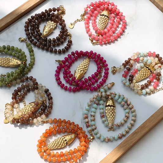 Bohemian Style Spring/Summer Colorful Natural Stone Necklace with Stainless Steel Fish Pendant