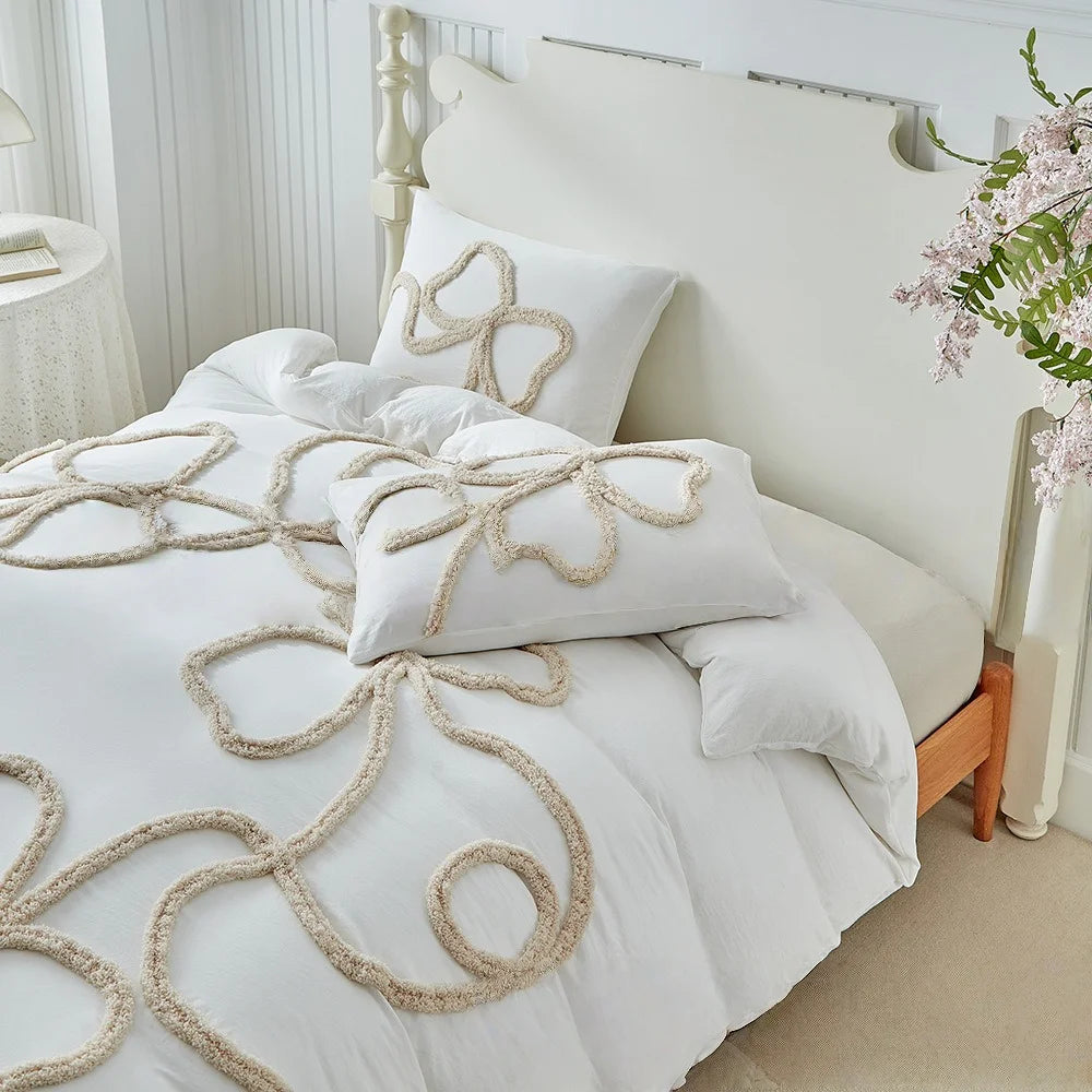 Bohemian Tufting Bow Duvet Cover Set Twin King Soft Homestay Bedding Set Quilt Cover Jacquard Comforter Cover with Pillowcase