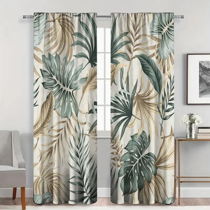 2pcs Tropical Leaf Sheer Curtains – Grey Voile Panels with Green & Brown Monstera Print, Nature-Inspired Light Filtering Drapes