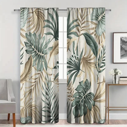 2pcs Tropical Leaf Sheer Curtains – Grey Voile Panels with Green & Brown Monstera Print, Nature-Inspired Light Filtering Drapes