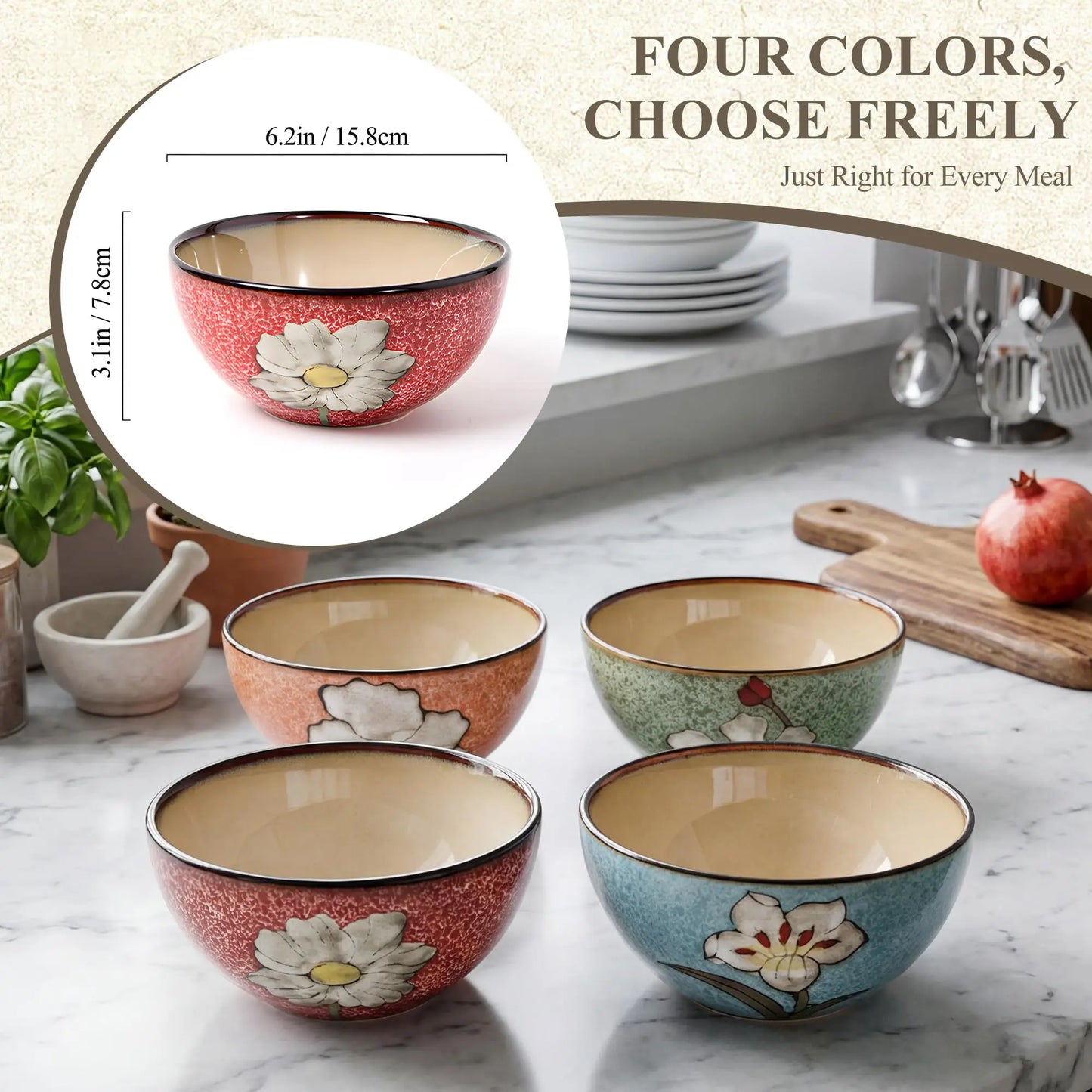 Set Of 4 Hand Painted Underglaze Ceramic Cereal Bowls 6 Inch Floral Classic Design Stackable Dishwasher Microwave And Oven Safe