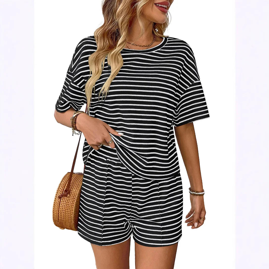 Women Two Piece Short Sets Round Neck Casual Loose Striped Short Sets Knit Elastic Waist