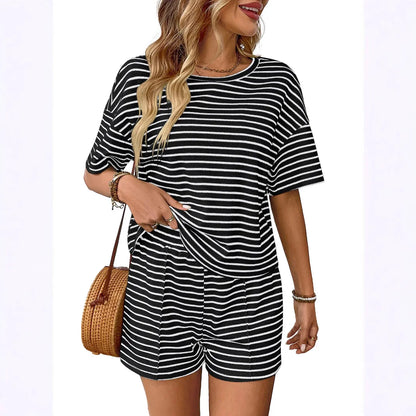 Women Two Piece Short Sets Round Neck Casual Loose Striped Short Sets Knit Elastic Waist