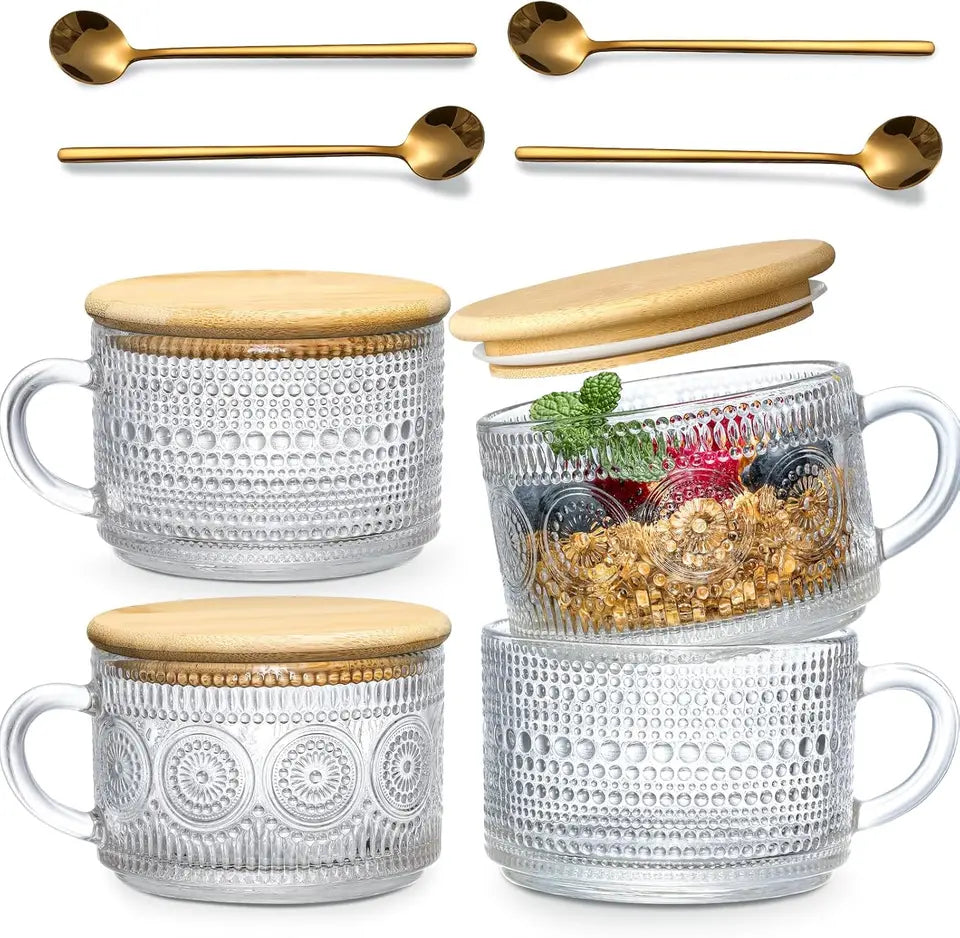 4-piece set of 15.2oz/450ml glass cups and wooden lids, vintage glass coffee cups are perfect for cappuccinos, latte, cereal