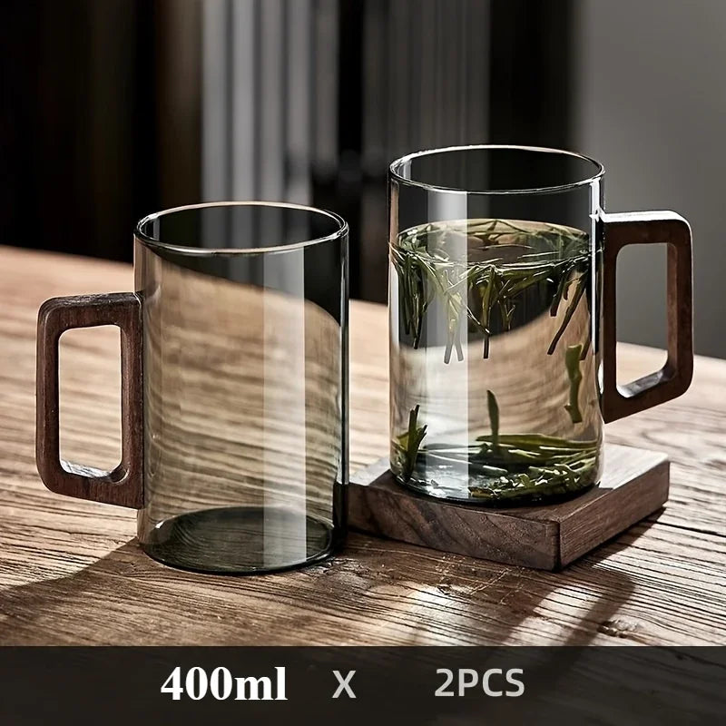 1/2pcs 400ml Glass Cups with Walnut Handle Household Heat-resistant Mug Large Capacity Tea Making Cup Office Drinking Glasses