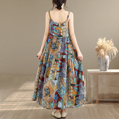 plus Size Cotton Linen A-Line Dress Women's Summer Long Skirt Printed Strapless Quality Good Loose Waist Style No Sleeve