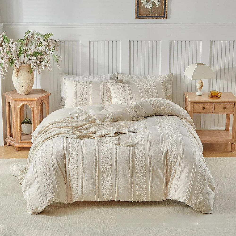 Luxury Beige Duvet Cover Set with Pillowcase Full/Queen Size Boho Microfiber Bedding Set for All Seasons Chic Comforter Cover