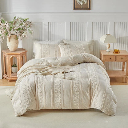 Luxury Beige Duvet Cover Set with Pillowcase Full/Queen Size Boho Microfiber Bedding Set for All Seasons Chic Comforter Cover