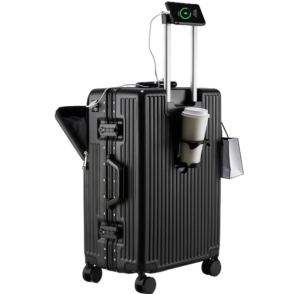 Aluminium Frame Suitcase Front Opening Cabin Luggage with USB Cup Holder