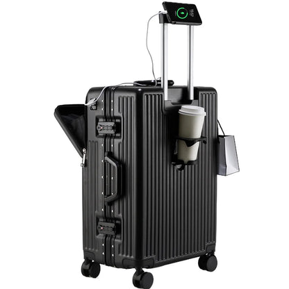 Aluminium Frame Suitcase Front Opening Cabin Luggage with USB Cup Holder