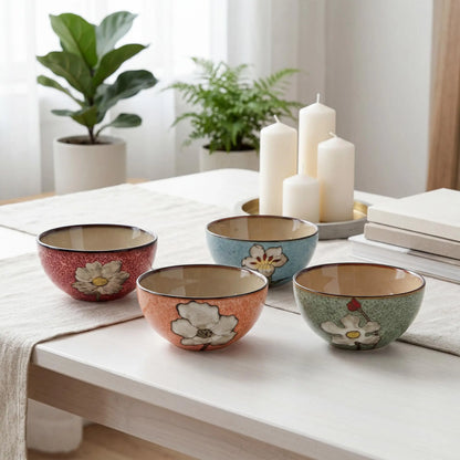 Set Of 4 Hand Painted Underglaze Ceramic Cereal Bowls 6 Inch Floral Classic Design Stackable Dishwasher Microwave And Oven Safe