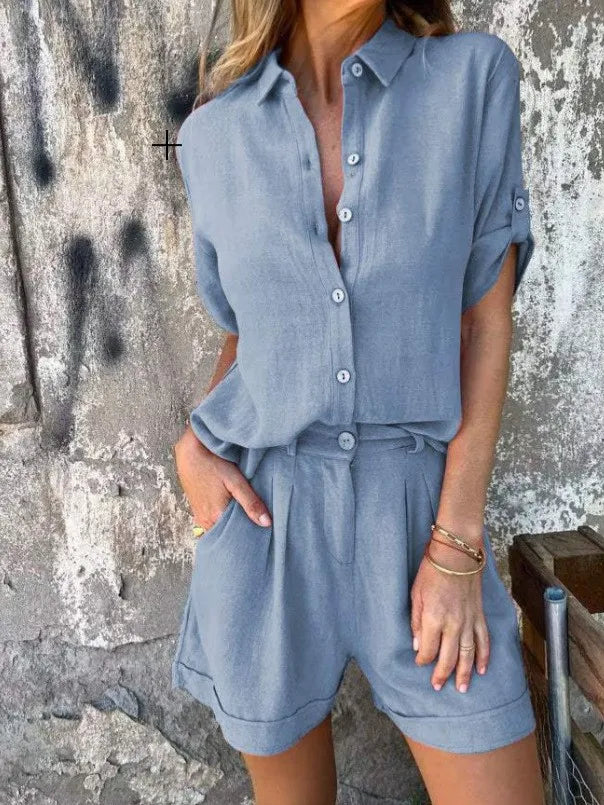 2025 New Women Cotton Linen Short-Sleeved T-Shirt Shorts Suit Summer Women Casual Shirt Top + Short Pant Two Peice Set Women Set