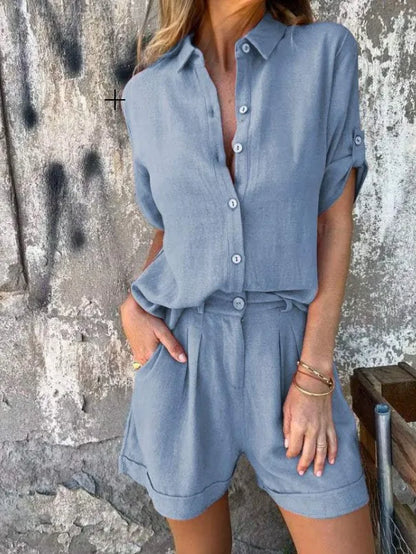 2025 New Women Cotton Linen Short-Sleeved T-Shirt Shorts Suit Summer Women Casual Shirt Top + Short Pant Two Peice Set Women Set
