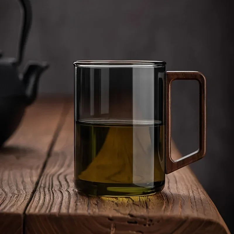 1/2pcs 400ml Glass Cups with Walnut Handle Household Heat-resistant Mug Large Capacity Tea Making Cup Office Drinking Glasses