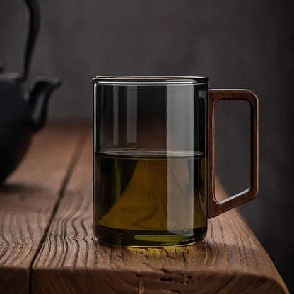 1/2pcs 400ml Glass Cups with Walnut Handle Household Heat-resistant Mug Large Capacity Tea Making Cup Office Drinking Glasses