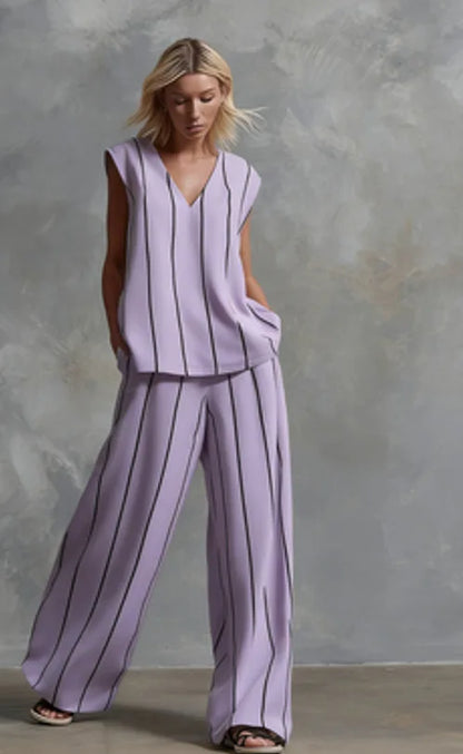 Black White Vertical Striped Loose Top+Wide Leg Pants Two-piece Summer Women's Loose Cotton Linen Trousers Set Костюм Женский