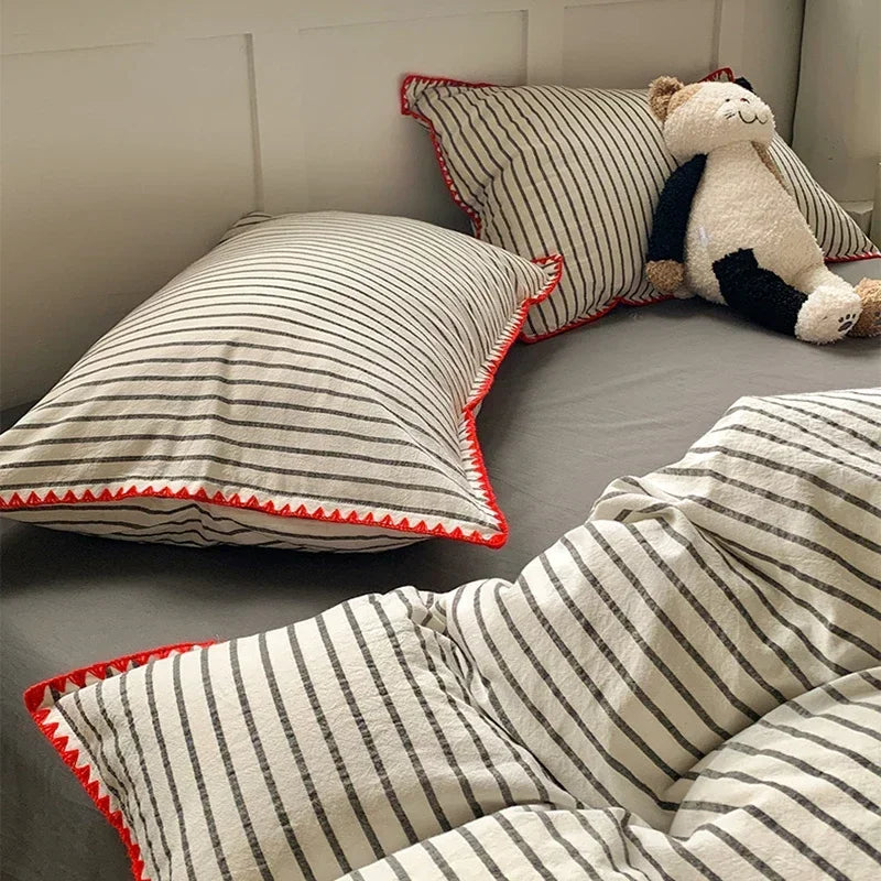 New Shell Edge Pure Cotton Bedding Set Simple Striped Printed Skin Friendly Comforter Cover Sets Washable Non Fading Bed Linens