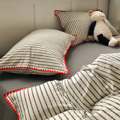 New Shell Edge Pure Cotton Bedding Set Simple Striped Printed Skin Friendly Comforter Cover Sets Washable Non Fading Bed Linens