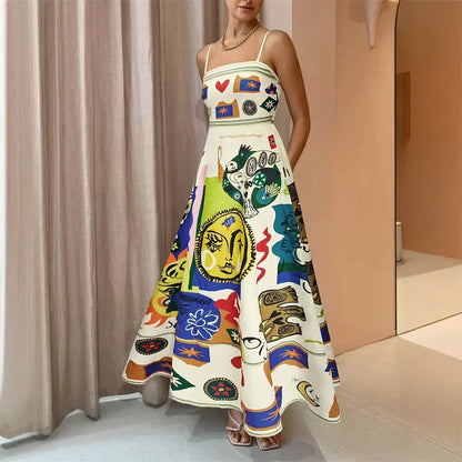 Colorful Abstract Print Strapless Midi Dress Women Summer Sun Face Graffiti Boho Beach A-Line Sundress Holiday Party Vestidos