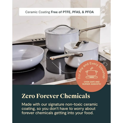 deluxe nonstick ceramic cookware set (16 piece) pots, frying pans, lids and kitchen storage - pfas & pfoa free - oven safe cera