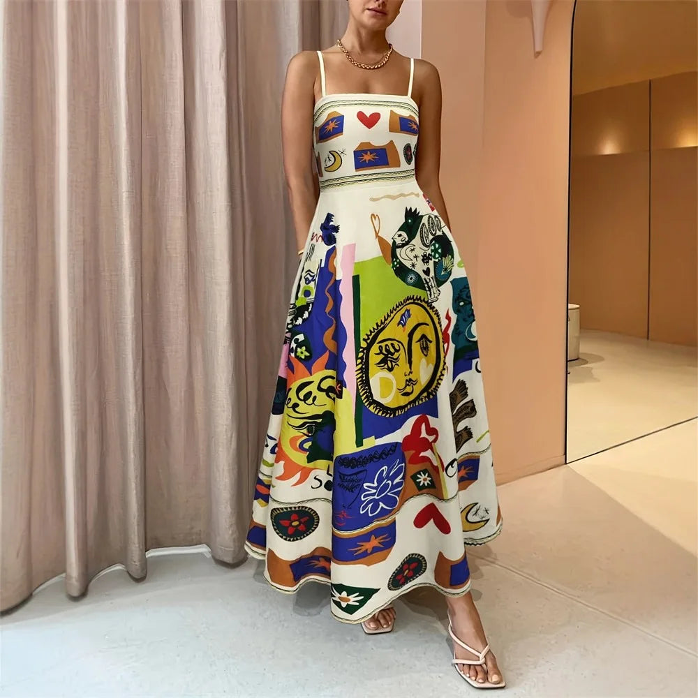 Colorful Abstract Print Strapless Midi Dress Women Summer Sun Face Graffiti Boho Beach A-Line Sundress Holiday Party Vestidos